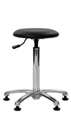 Taboret pacjenta T-P MDT z okrągłym czarnym siedziskiem, chromowaną podstawą na stałych stopkach i regulacją wysokości.